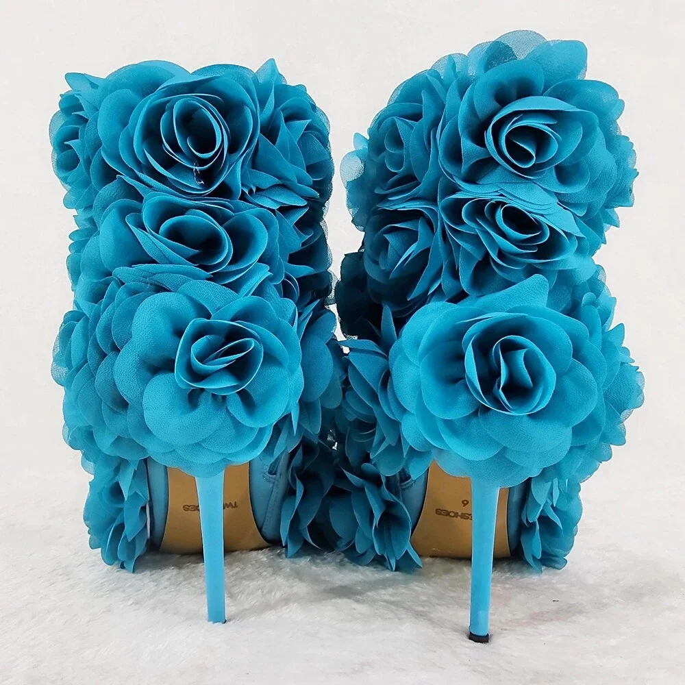 NIB Beauty 3D Flowers Floral High Heel Xoanna Elegant Ankle Boots Teal Blue - Picture 4 of 16